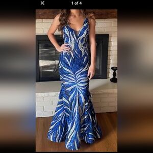 Jovani Sparkling Blue and Silver Prom Dress